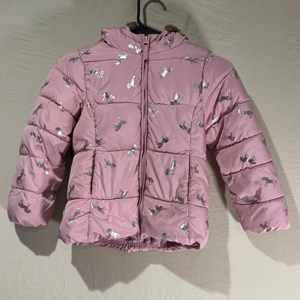 The Childrens Place Puffer Jacket Kids 5/6 Pink Excellent Unicorn Foil Print